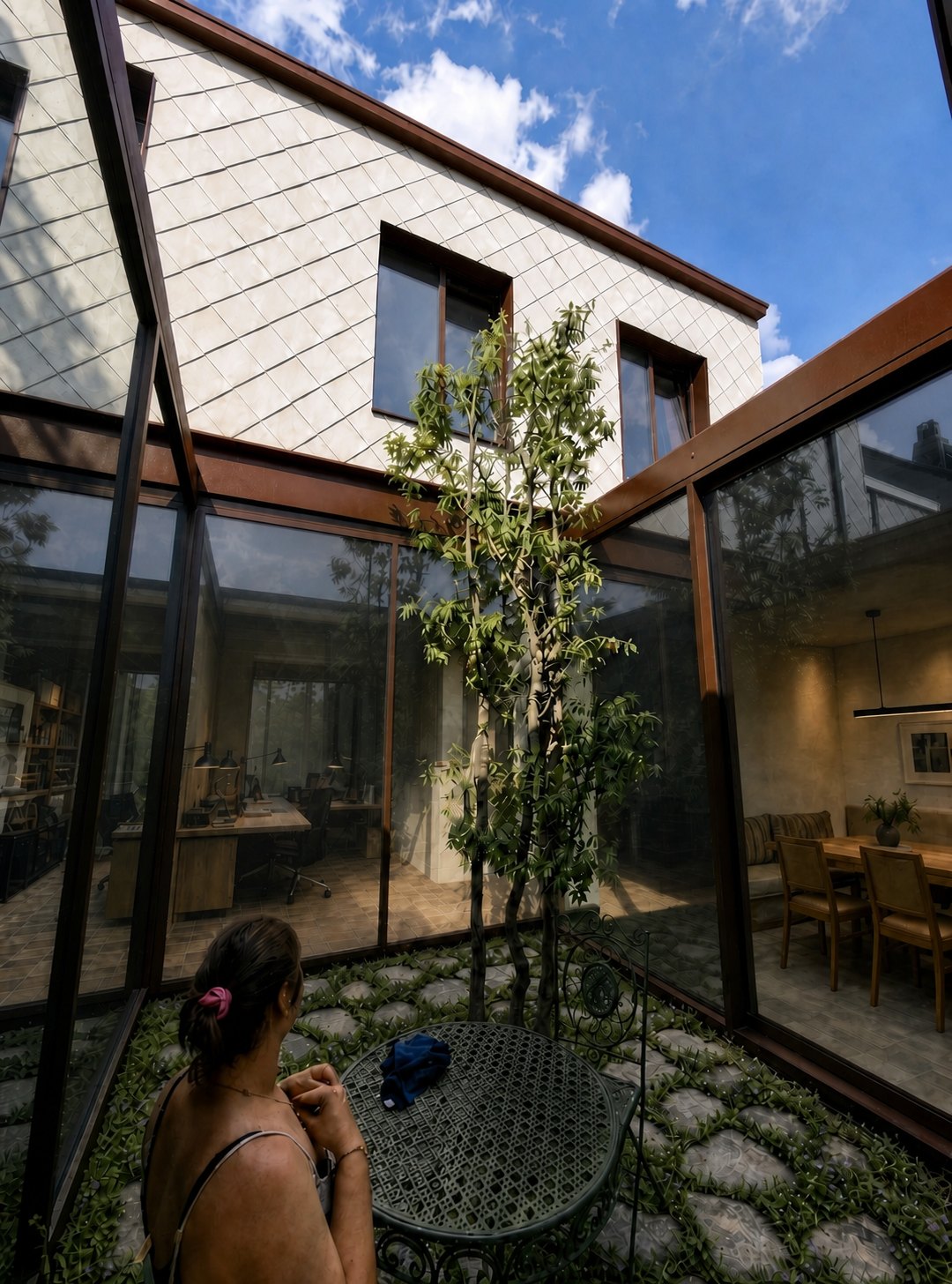 Patio tussen bestaande woning en uitbreiding