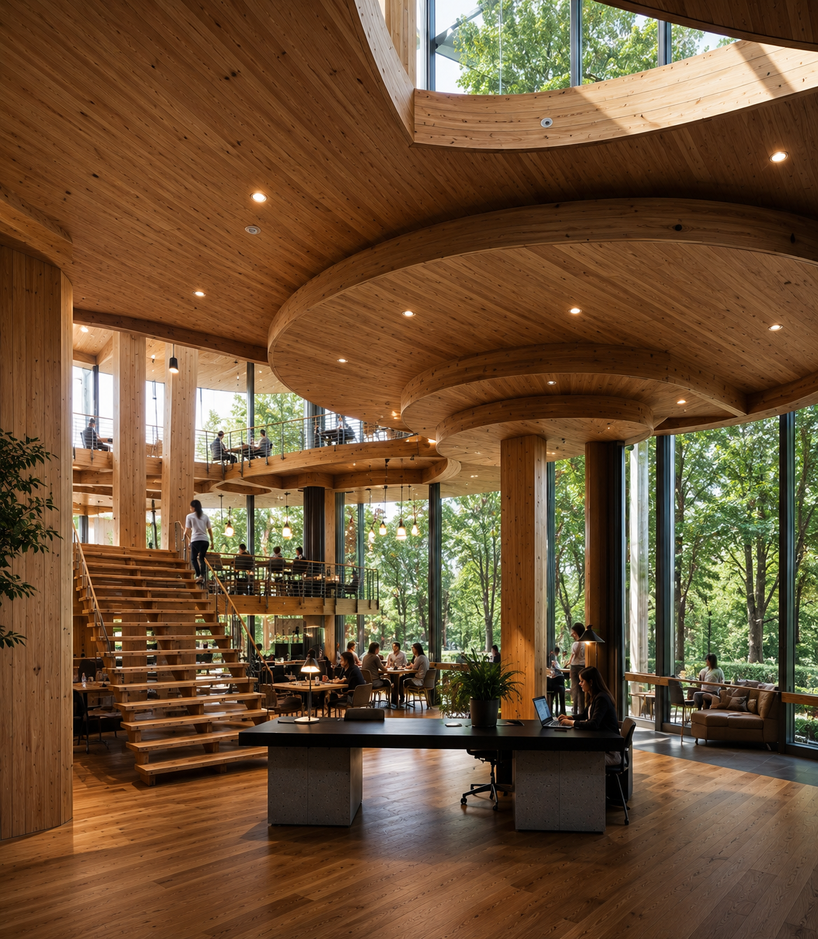 Warm houten interieur met organische draagstructuur